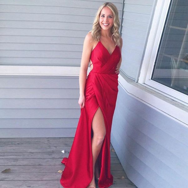 

party dresses red prom dress long a line v neck spaghetti straps side split satin formal open back evening gowns plus size scp757, White;black
