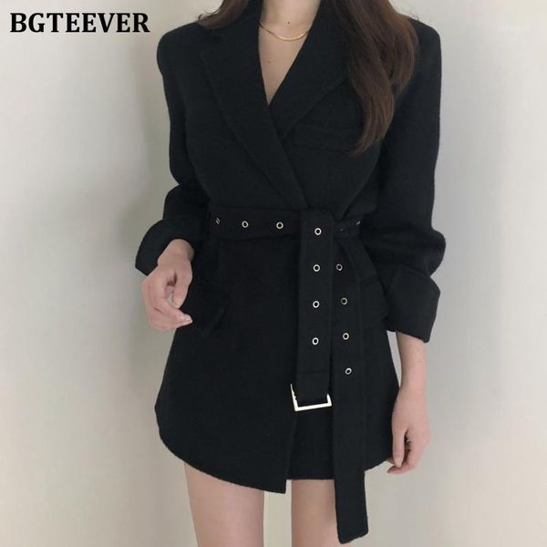 

bgteever women fashion elegant blazers notched collar belted classic black suit jackets 2019 winter thicken warm female coats1, White;black