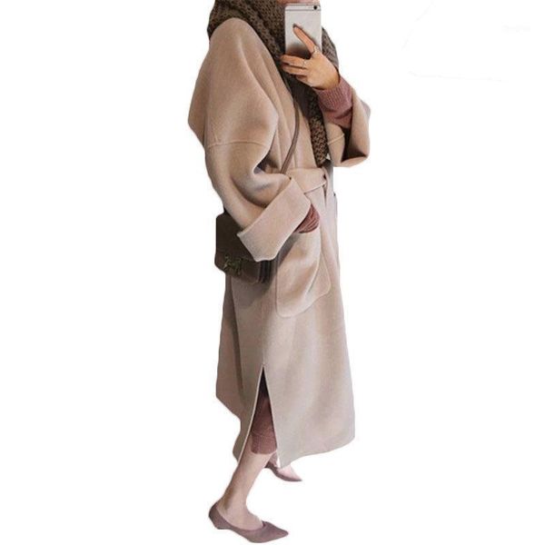 

woolen coat female long section 2020 autumn winter new korean fashion solid color loose large size woolen coat with belt lq5131, Black