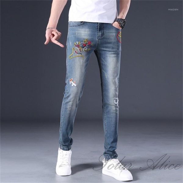 

2020 men's new stretch slim jeans zodiac rat embroidered youth mid-rise straight-leg casual pants1, Blue