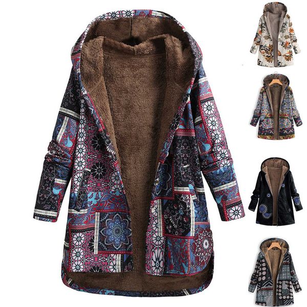 

autumn women floral print coat hooded jacket open front warm outerwear overcoat big size manteau femme jackets windbreaker 201013, Black;brown