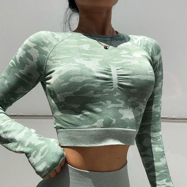

yoga outfits backless sports t-shirt camouflage slim slimming net red running quick-drying long sleeves fitness tight clothes, White;red