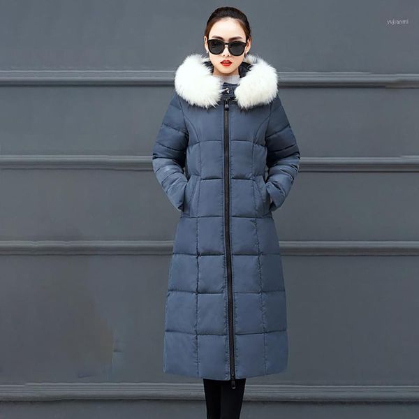 

with pockets faux fur hooded over knee daily thickening windproof zipper warm solid winter women down coat long sleeve slim fit1, Black