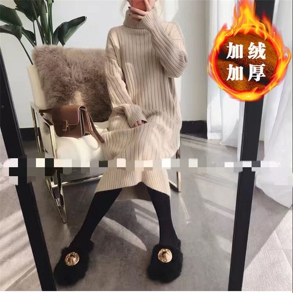 

2021 velvet/no velvet fall winter long knee skirt new turtleneck high sweater knitted or crocheted shirt loose bottom n11j, Black;gray