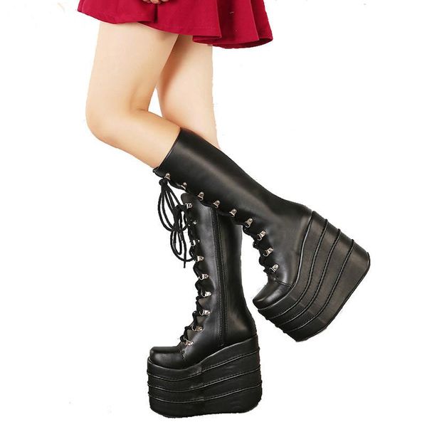

big size 34-43 womens fashion punk style white/black cosplay boots square toe wedges platform boots leather long