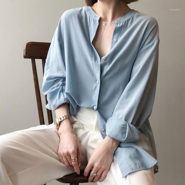 

new 2020 autumn lazy style womens and blouses back split loose long sleeve long shirts1, White