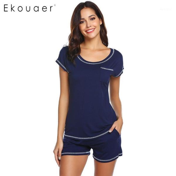 

ekouaer women pajamas sets casual o-neck short sleeve loose pijama set ladies cozy nightwear sleepwear suits home clothes1, Black;red