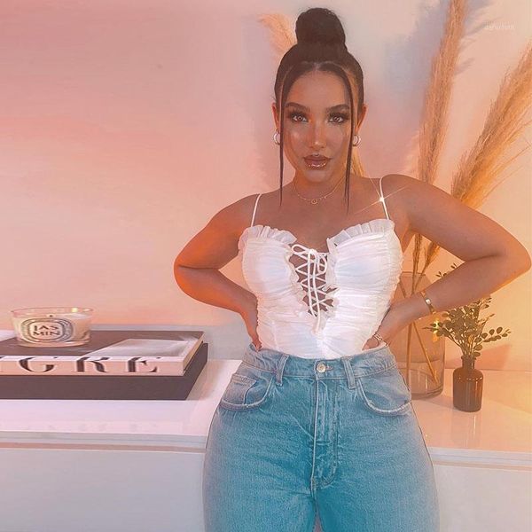 

2020 tank women crop hollow out solid ruffles lace up vest sleeveless bandage female streetwear tie up tanks1, White