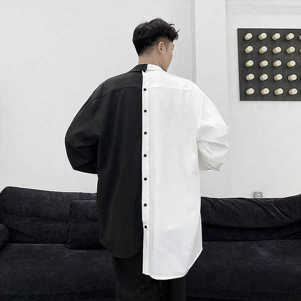 

men back buttons asymmetry removable long sleeve causal shirt male streetwear loose hip hop shirt stage clothing1, White;black