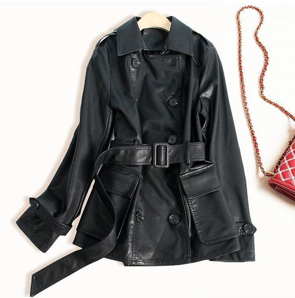 

new designer women pu leather jacket turn-down collar double breasted with belt female slim black pu leather coat1