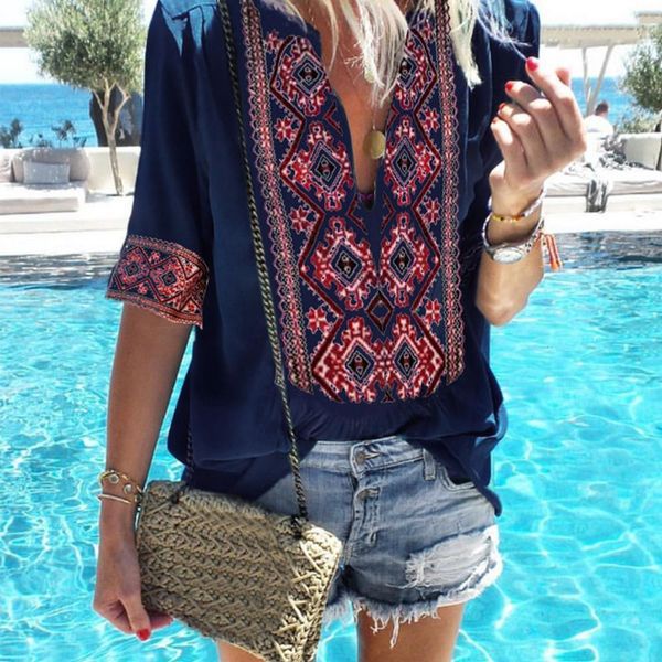 

2020 women ethnic style bohemian blouse shirt v neck beach blusas summer casual printed boho blouses 4xl 5xl, White