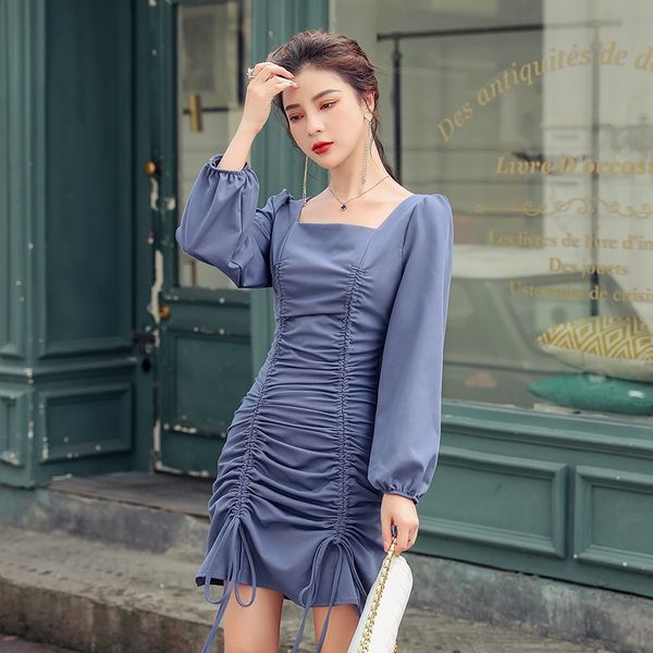 

квадратный воротник шнурок гофрированный 2020 осень новый корейский дизайн чувство с закрытием талии и тонкий темперамент средней длины юбки, Black;gray