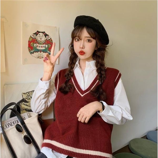

women's vests autumn sweater vest korean elegant student v-neck pullover loose casual knitting outerwear, Black;white