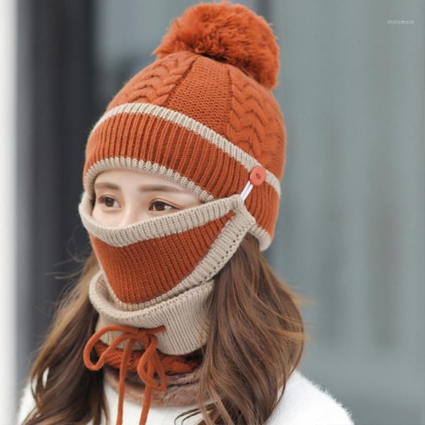 

beanie/skull caps women winter 4pcs beanie hat scarf face mask touch screen gloves set plush lined knit pompom skull cap neck warmer1, Blue;gray
