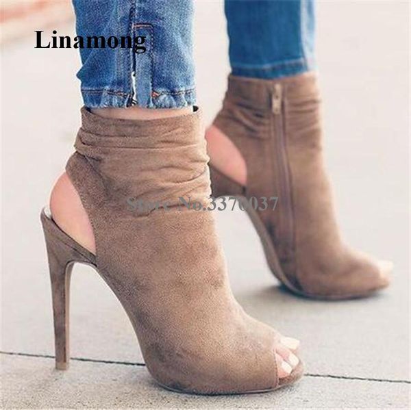 

boots autumn fashion women peep toe suede leather stiletto heel short gladiator cut-out zipper-up high ankle booties, Black