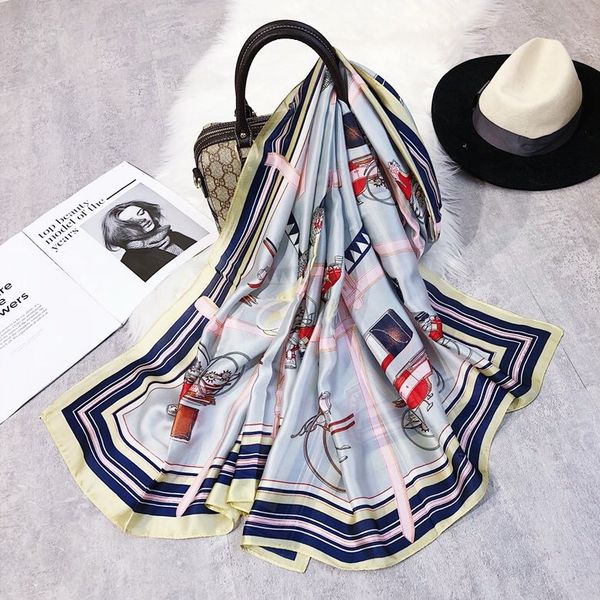 

spring and autumn new simulation silk towel female 2019 summer sun scarf shawl beach tourism wild beach towel, Blue;gray