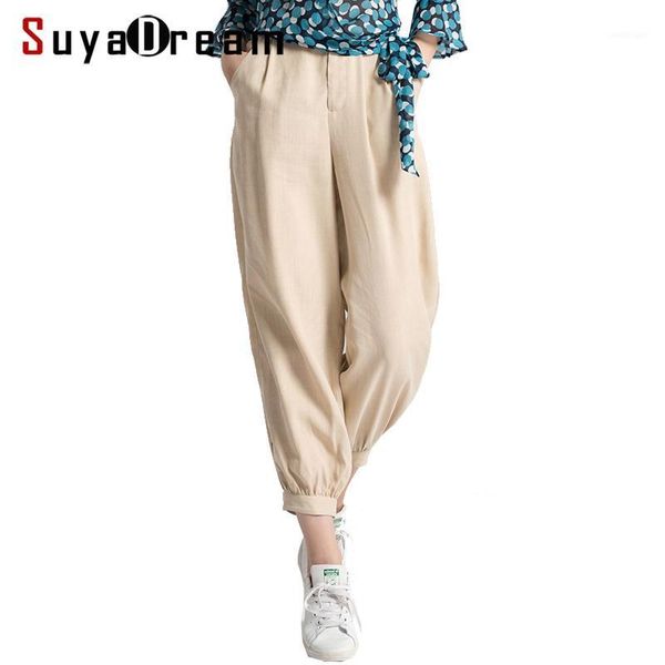 

women's pants & capris women harem 50%real silk 50%cotton casual ankle-length 2021 fall winter beige1, Black;white