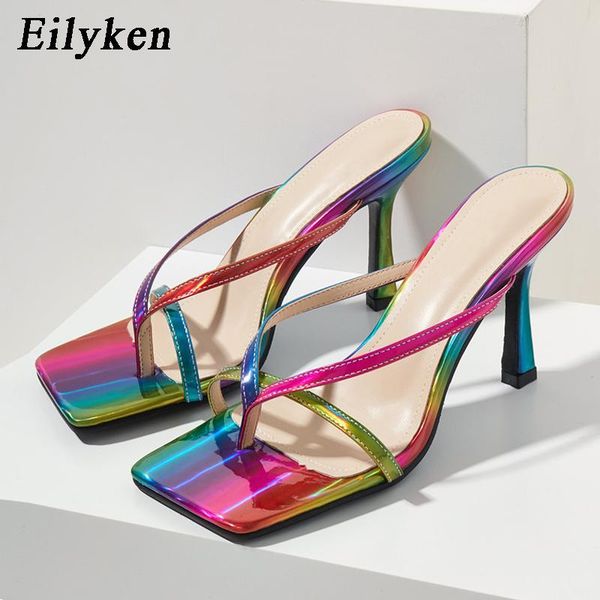 

eilyken fashion colours square toe flip flops women clip toe slippers thin high heels shoes summer new femme party sandals, Black