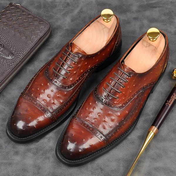

dress shoes handmade formal men semi brogues luxury genuine leather ostrich pattern goodyear wedding oxfords am143, Black