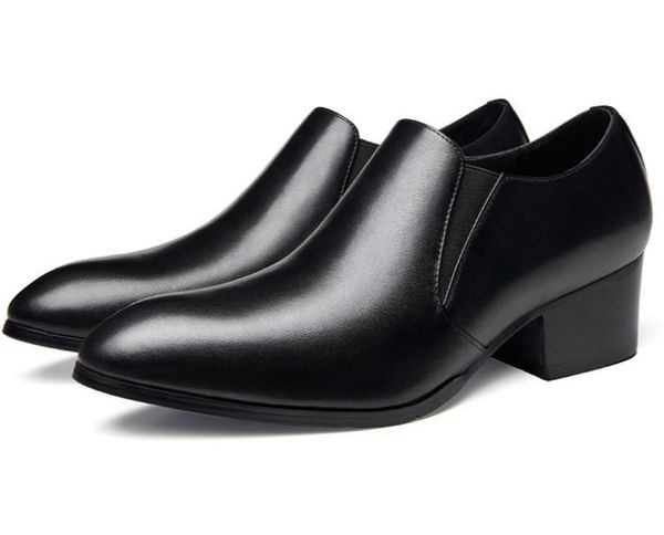 

spring autumn mens genuine leather dress shoes 5 cm high heels pointed toe height increase career work shoes party dance, Black