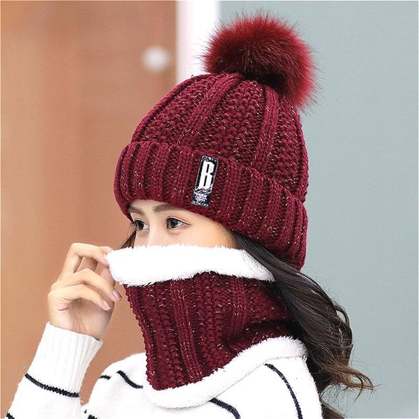 

colorul women's velvet wool hats bib women hair knit caps female outdoor cycling windproof beanie skullies hats suit, Blue;gray