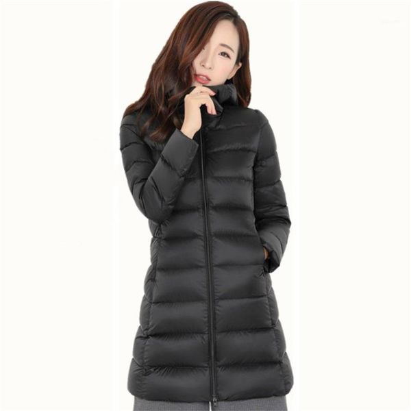 

gowyimmes 2019 autumn slim women light thin hooded down jackets slim midi-long white down jacket coat winter clothes outwear 6851, Black