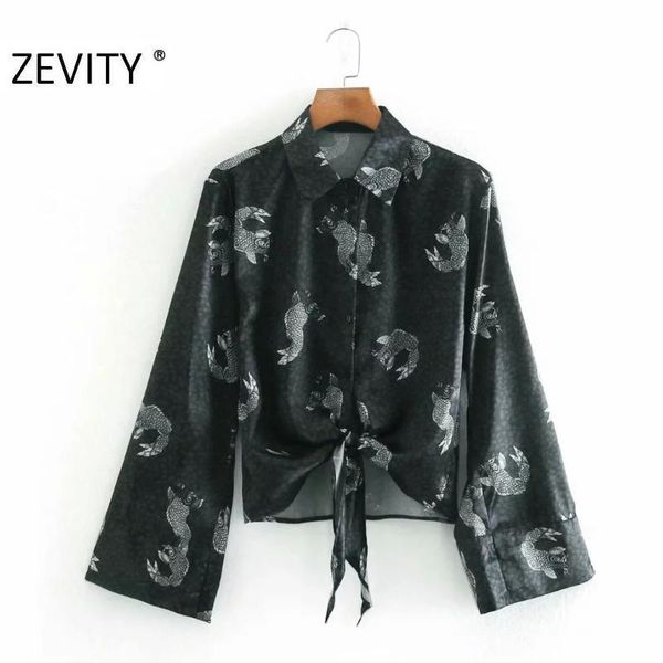 

zevity new women vintage print hem knotted casual kimono blouse office lady animal pattern shirt chic chemise blusas ls7292, White