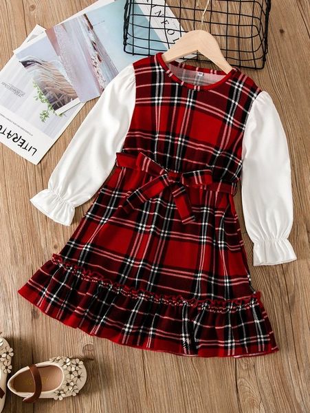 

toddler girls tartan flounce sleeve ruffle hem belted dress she, Red;yellow