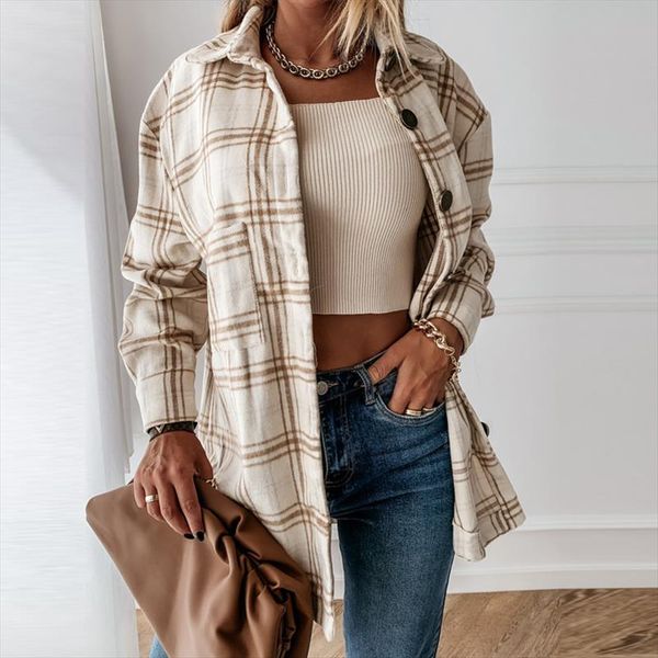 

ayualin long sleeve plaid overshirt womens jacket vinatge loose casual boho autumn warm coats 2021 streetwear oversized outwear, Black;brown