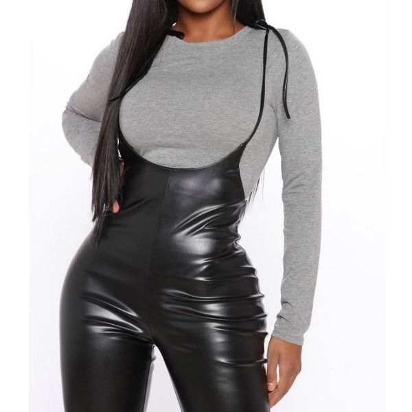 

women's jumpsuits & rompers high street fashion overalls lady female solid sling straps bib pants leather pleated women clothes, Black;white