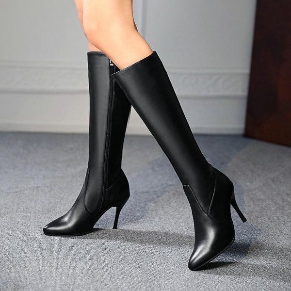 

boots aiweiyi black white woman knee high pointed toe thin heels autumn winter motorcycle botas mujer