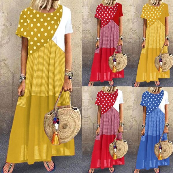 

new women vintage o neck short sleeve dots stripes patchwork large hem long dress drop shipping, Black;gray