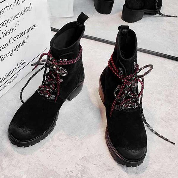 

2020 new winter shoes women's ankle boots vintage cow suede leather round toe lace up keep warm punk ankle boots botas mujer1, Black