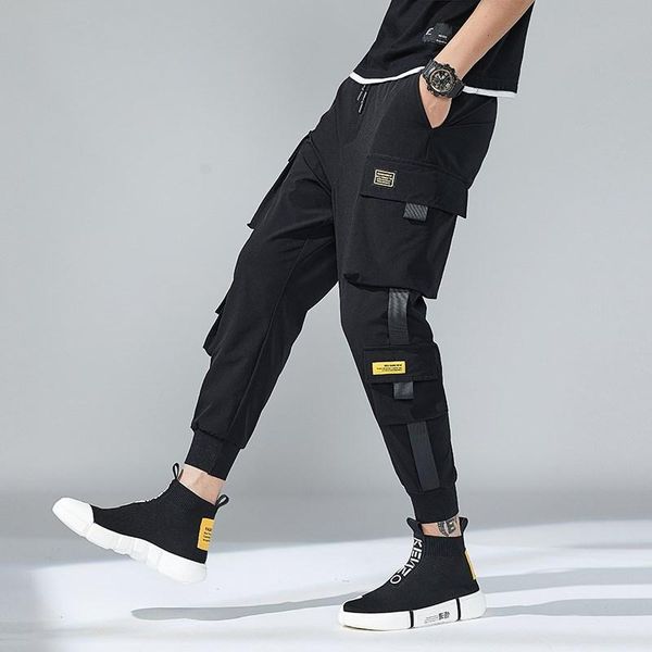 

joggers men harem pants multi-pocket ribbons man sweatpants streetwear casual hip hop mens cargo pants new 2020, Black