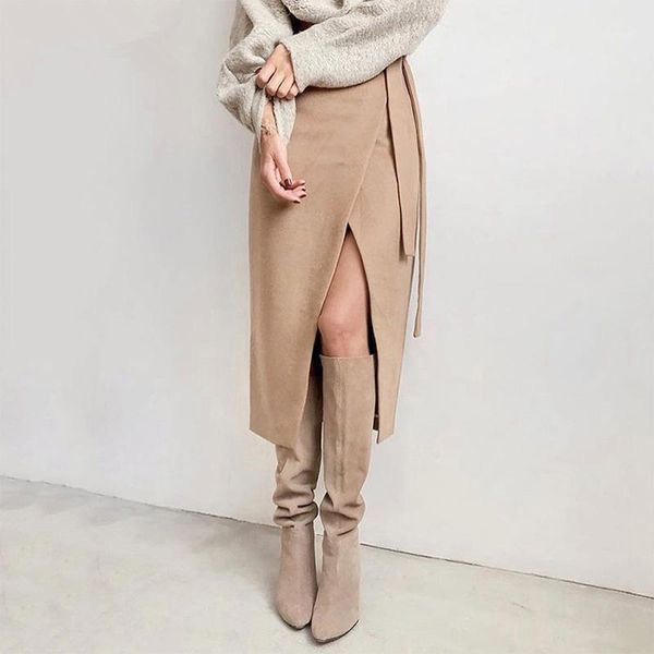 

khaki suede long skirt women autumn winter casual wrap skirt lace up women high waist midi office ladies elegant 20191, Black