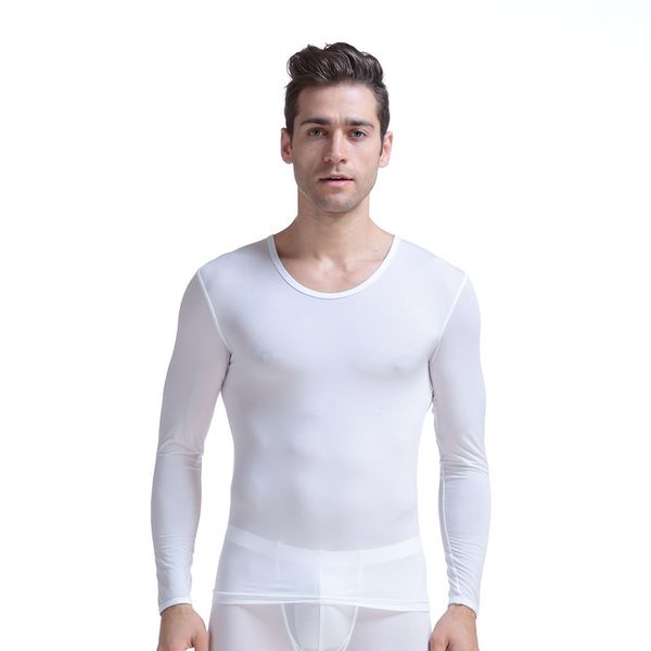 

men undershirt ice silk sheer long sleeves basic undershirts gay mesh breathable o-neck see through male underwear, Black;brown