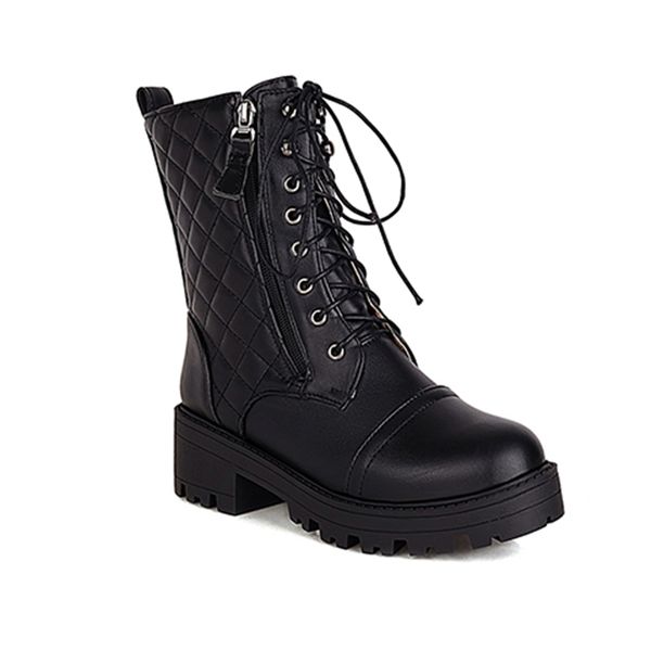 

2021 the new casual pinky style round toe autumn or winter motorcycle zipper-lace medium platform with robust women's ankle boots 9jfu, Black