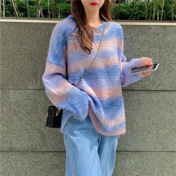 

o-neck long sleeve sweet korean 2021 autumn clothing knitted sweater women rainbow striped loose pullover female oversize, White;black