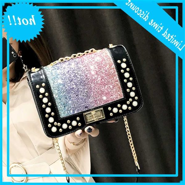 

new style bags in spring of 2019 turn lock fashion sequin single shoulder messenger bag women's chic back chain pearl small square
