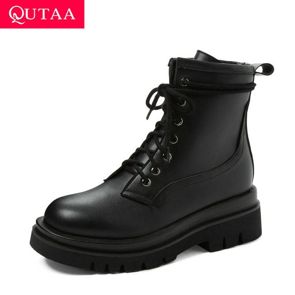 

qutaa 2021 platform round toe ankle autumn winter lace up casual short boots pu leather square heel women shoes size 34-42 1026, Black