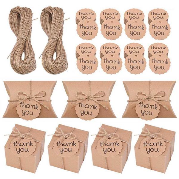 Confezione regalo 10/20/30/50 pezzi Mini scatola di caramelle a forma di cuscino di carta Kraft Scatole di nozze con nastro e etichette di ringraziamento per forniture per feste a casa1