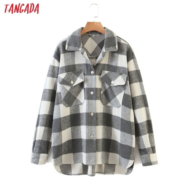 

tangada autumn winter women gray plaid long coat jacket double pocket casual warm overcoat outwear qw313 201102, Black