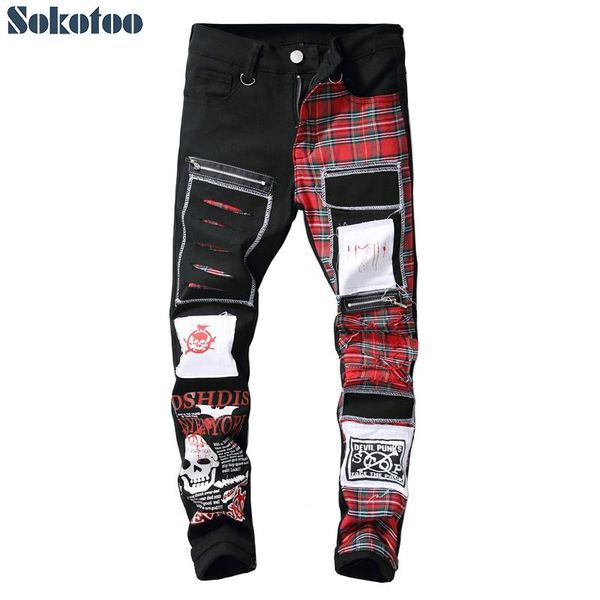 

sokotoo men's skull printed scottish plaid patchwork jeans trendy patches design black ripped distressed denim long pants, Blue