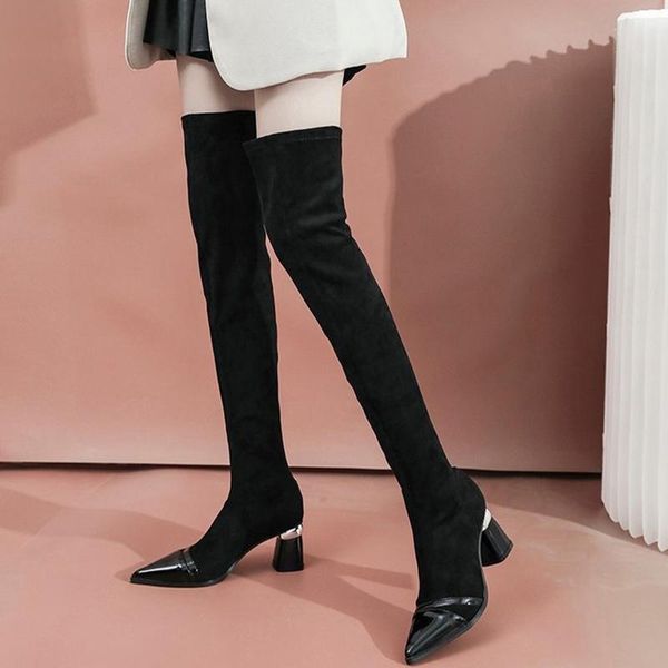 

women stretch over the knee boots female suede leather stitching women's shoes woman thick heeled women autumn boots, Black