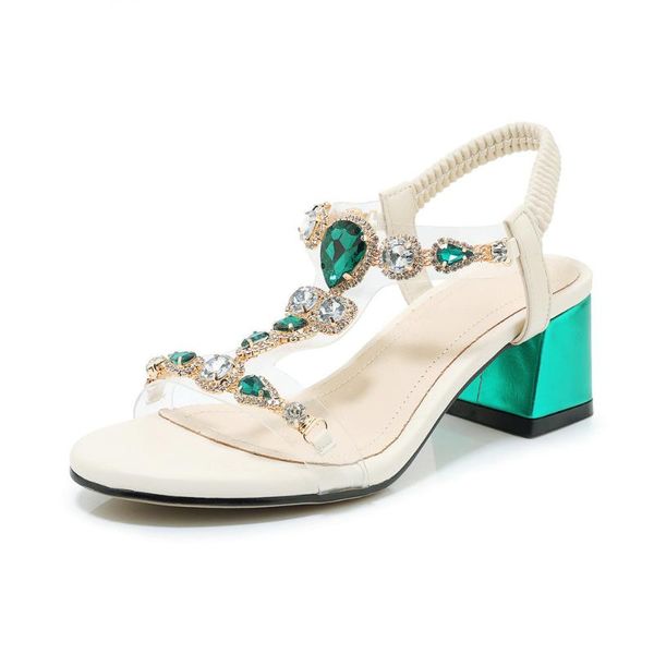 

genuine leather high heels shoes women sandals t-strap crystal ladies casual shoes woman summer sandals green gray, Black