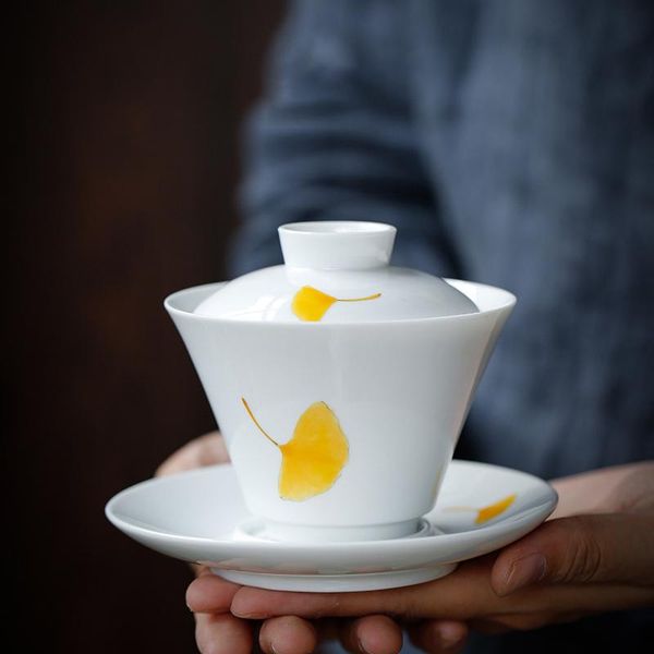 

luwu handpainted ceramic tureen gaiwan teacup gingko handpainted cha bowl 160ml luwu handpainted cotton qylnna mywjqq