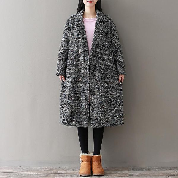 

single breasted long wool blend ladies coat pockets women's jacket casual loose korean womens fashion coat, Black