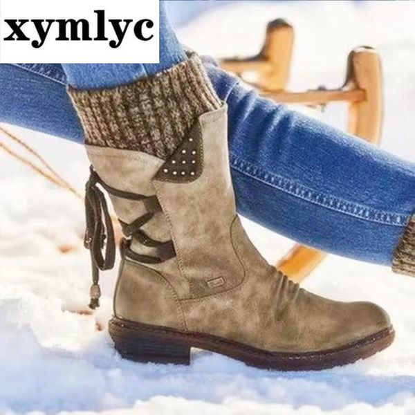 

теплые женские сапоги осень зима vintage flat зашнуровать обувь snow boots вязание пэчворк женский середина теленок, Black