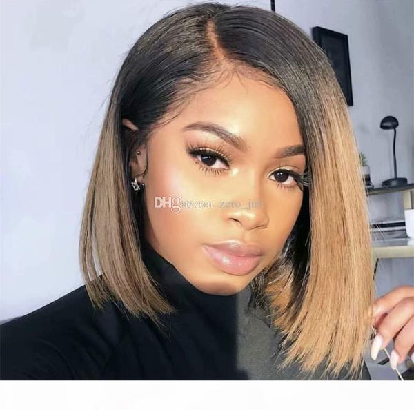 

t1b 30 ombre malaysian front wigs straight hair side part short bob human hair wig with baby hair for black women, Black;brown