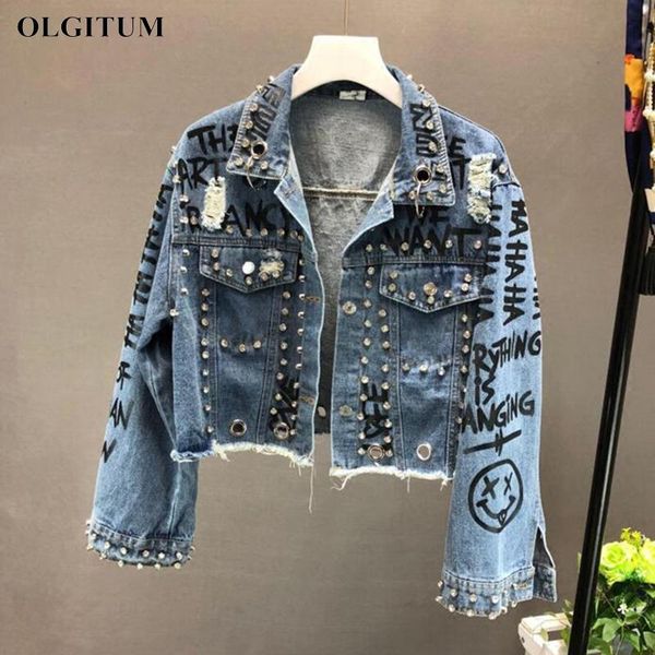 

punk style letter print rivets beading jacket women 2021 autumn new denim jacket coat fashion short frayed hole streetwear, Black;brown